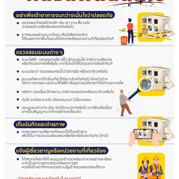 พื้นฐานควรรู้ ตรวจสอบเบื้องต้นหลังแผ่นดินไหว #กรมอนามัยส่งเสริมให้คนไทยสุขภาพดี #สถาบันพัฒนาสุขภาวะเขตเมือง #สื่อสุขภาพที่เป็นมิตรต่อความรอบรู้ด้านสุข